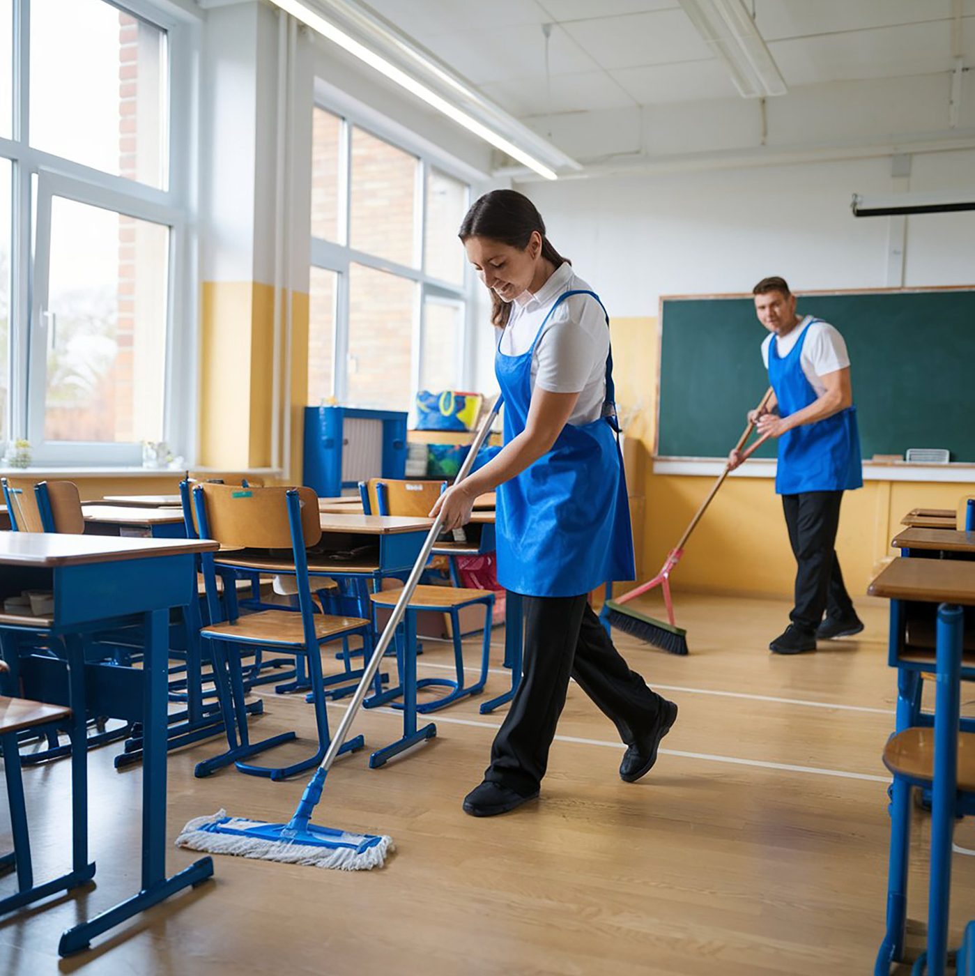Professional cleaners mopping and sweeping a school classroom in Birmingham