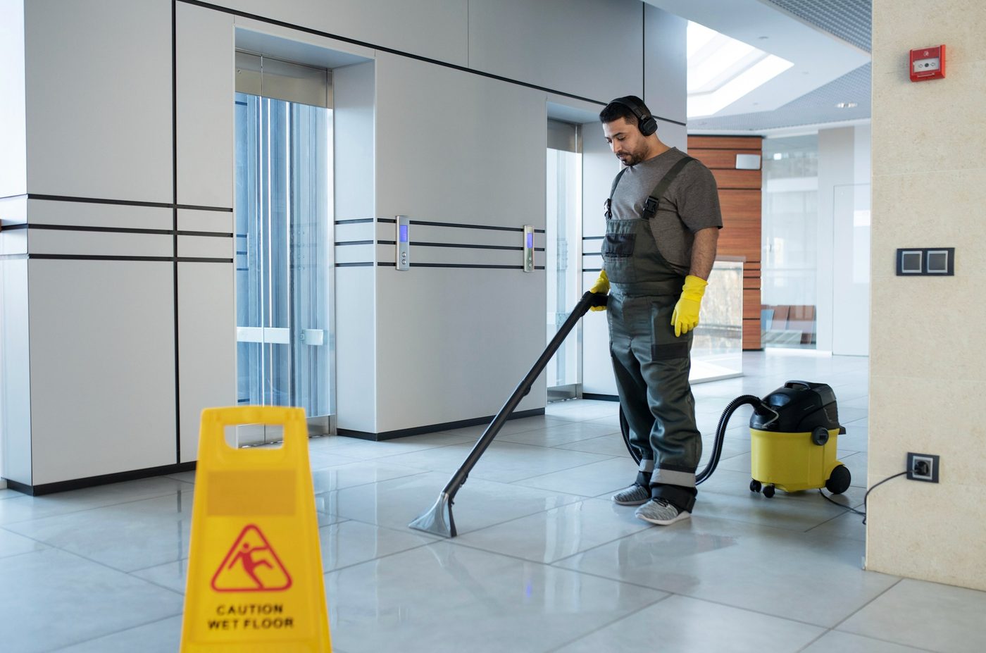 Contract cleaner deep cleaning a commercial floor in Birmingham