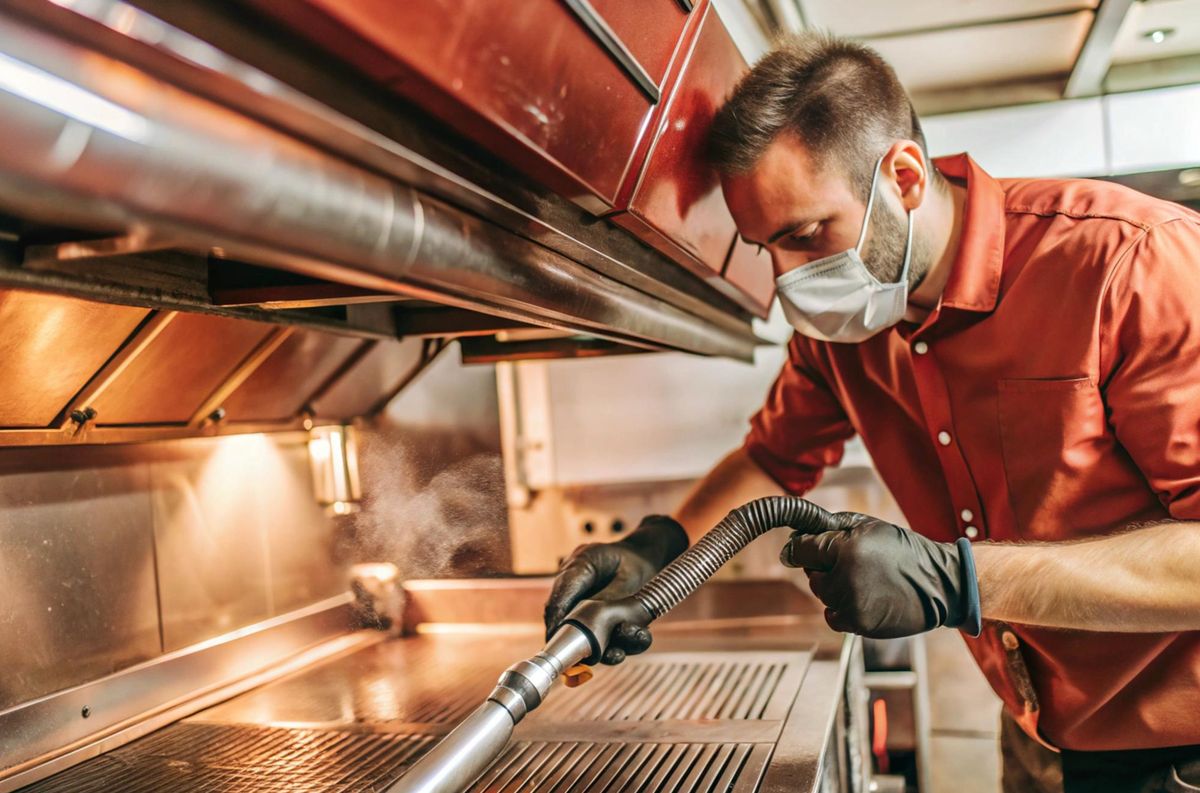 Cleaner deep cleaning a commercial kitchen extractor and grill in Birmingham