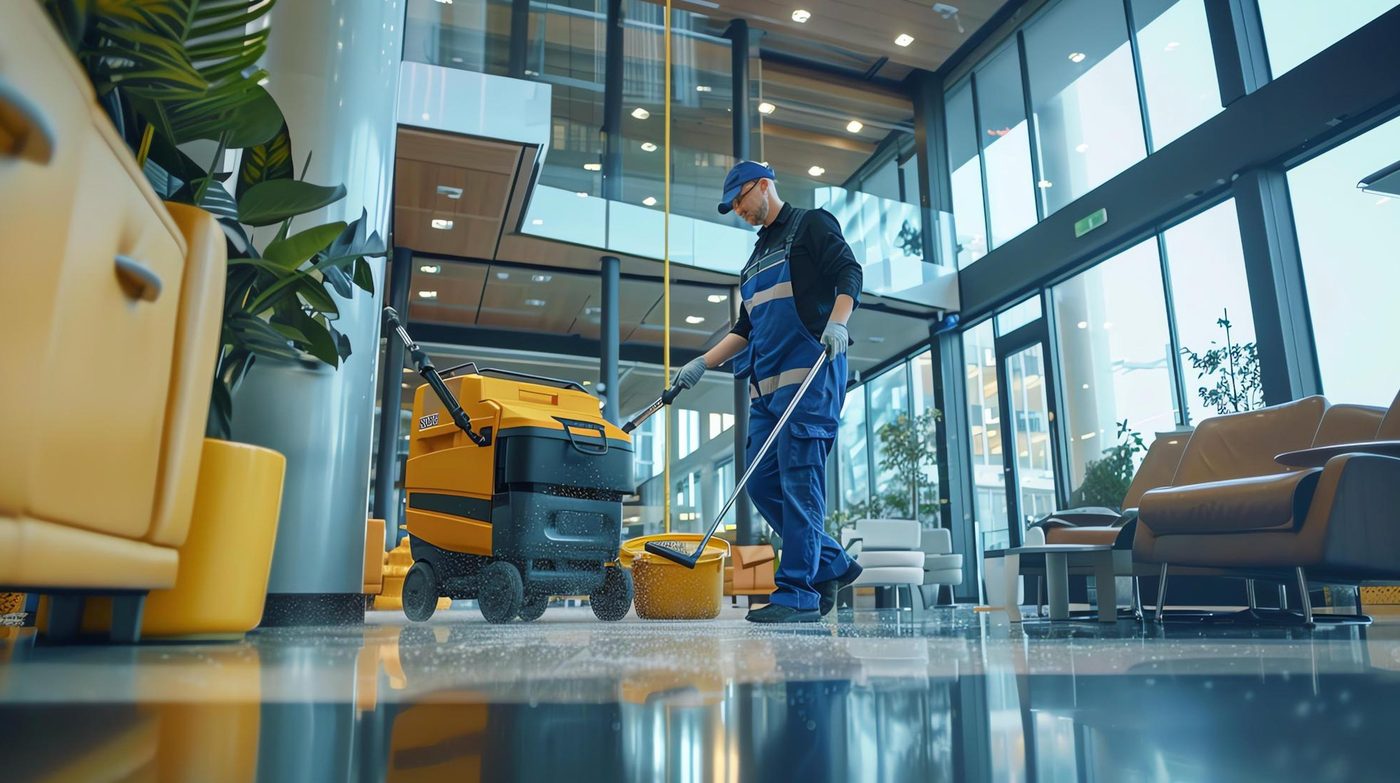 Contract cleaner machine-scrubbing a commercial floor in Birmingham