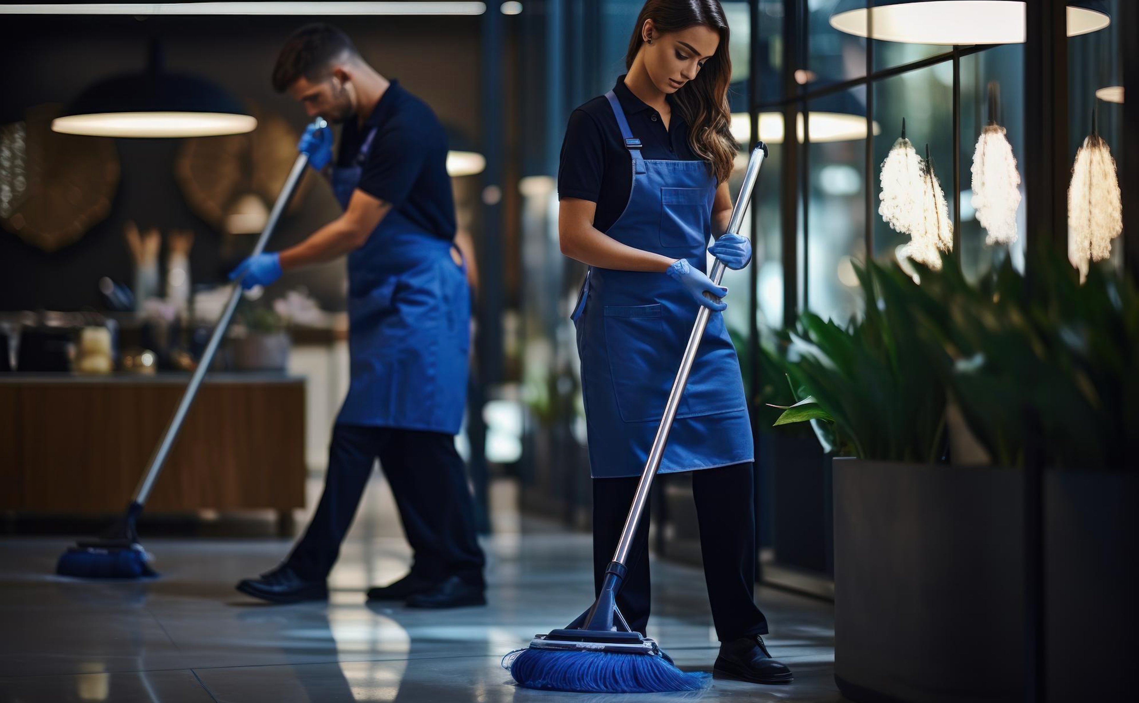 Professional cleaners cleaning lobby floor in Birmingham