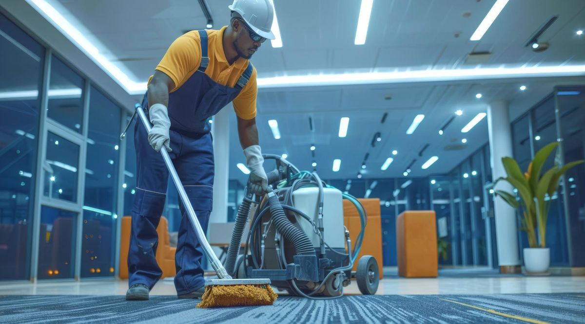 Cleaner deep cleaning office carpet with an extraction machine in Birmingham