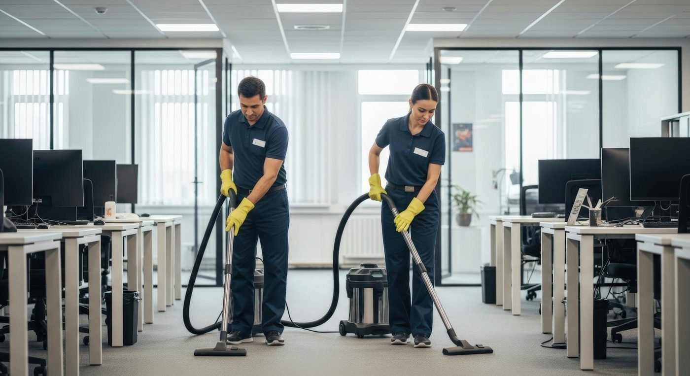 Office cleaners vacuuming a Birmingham workspace