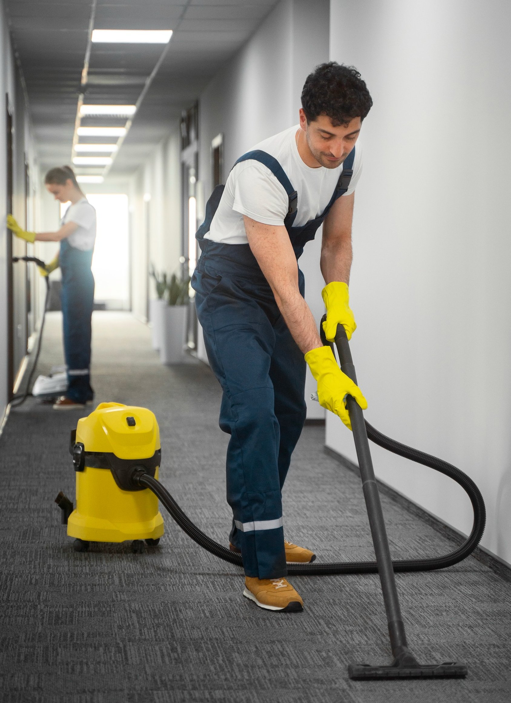 Professional cleaner vacuuming corridor carpet in Birmingham property