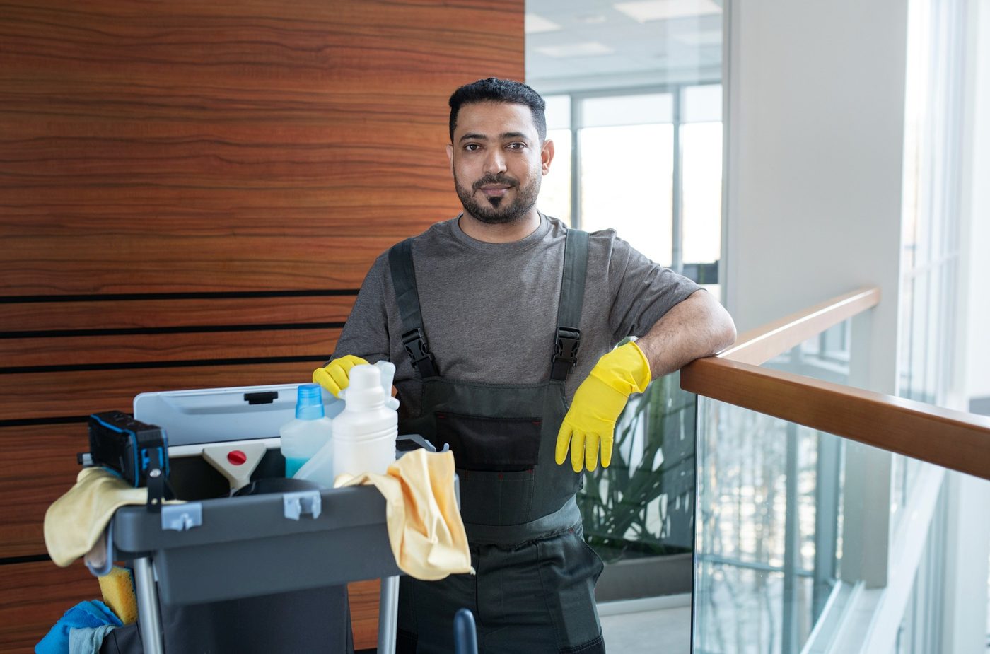 Professional cleaner with cleaning trolley in a Birmingham education facility