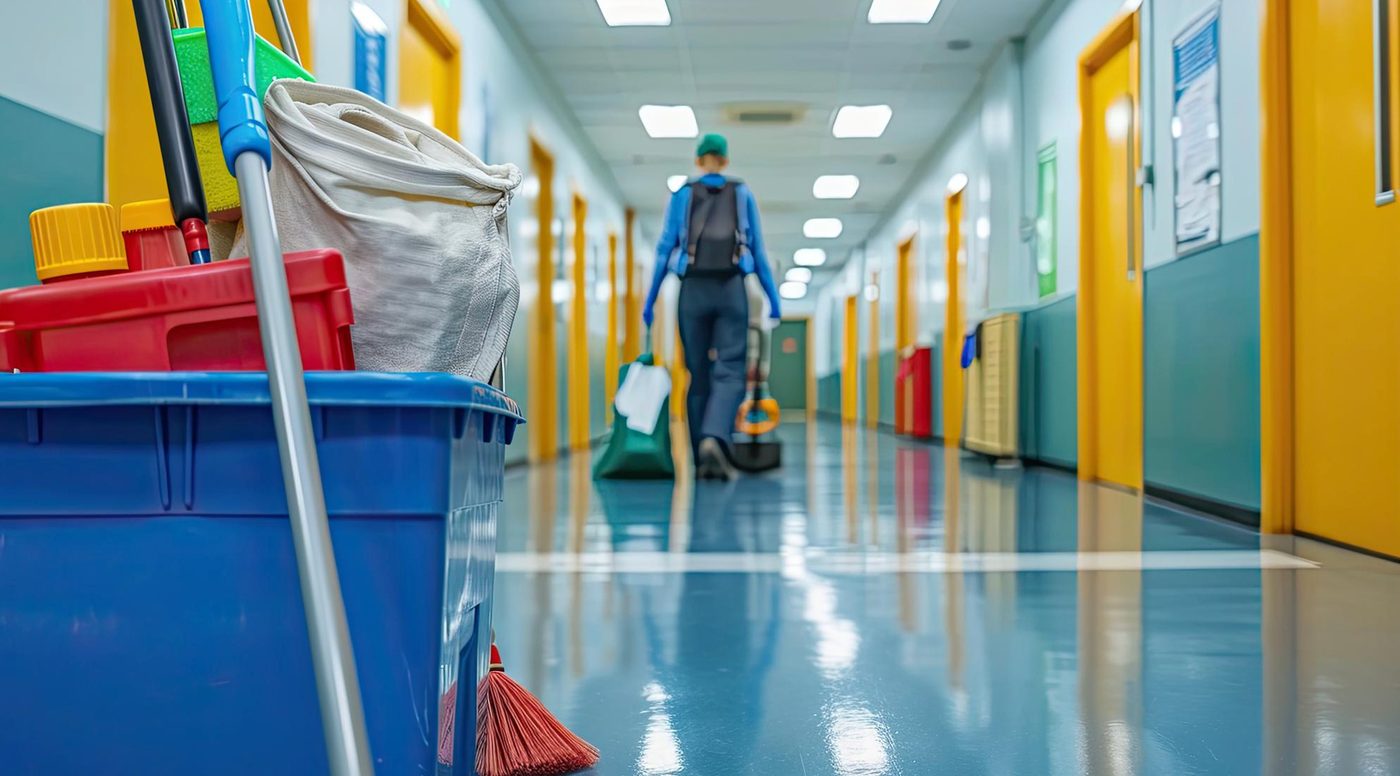 Cleaning equipment cart in a freshly cleaned school corridor in Birmingham