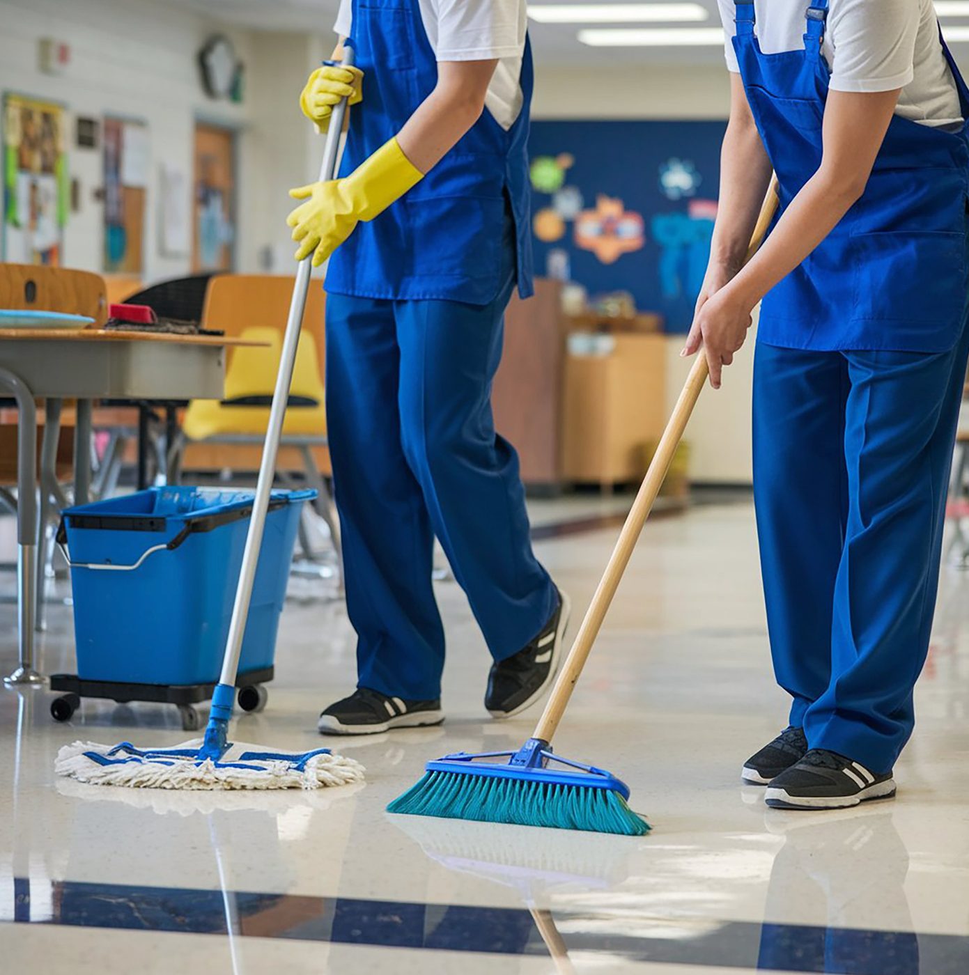 Cleaners mopping and sweeping a school floor in Birmingham