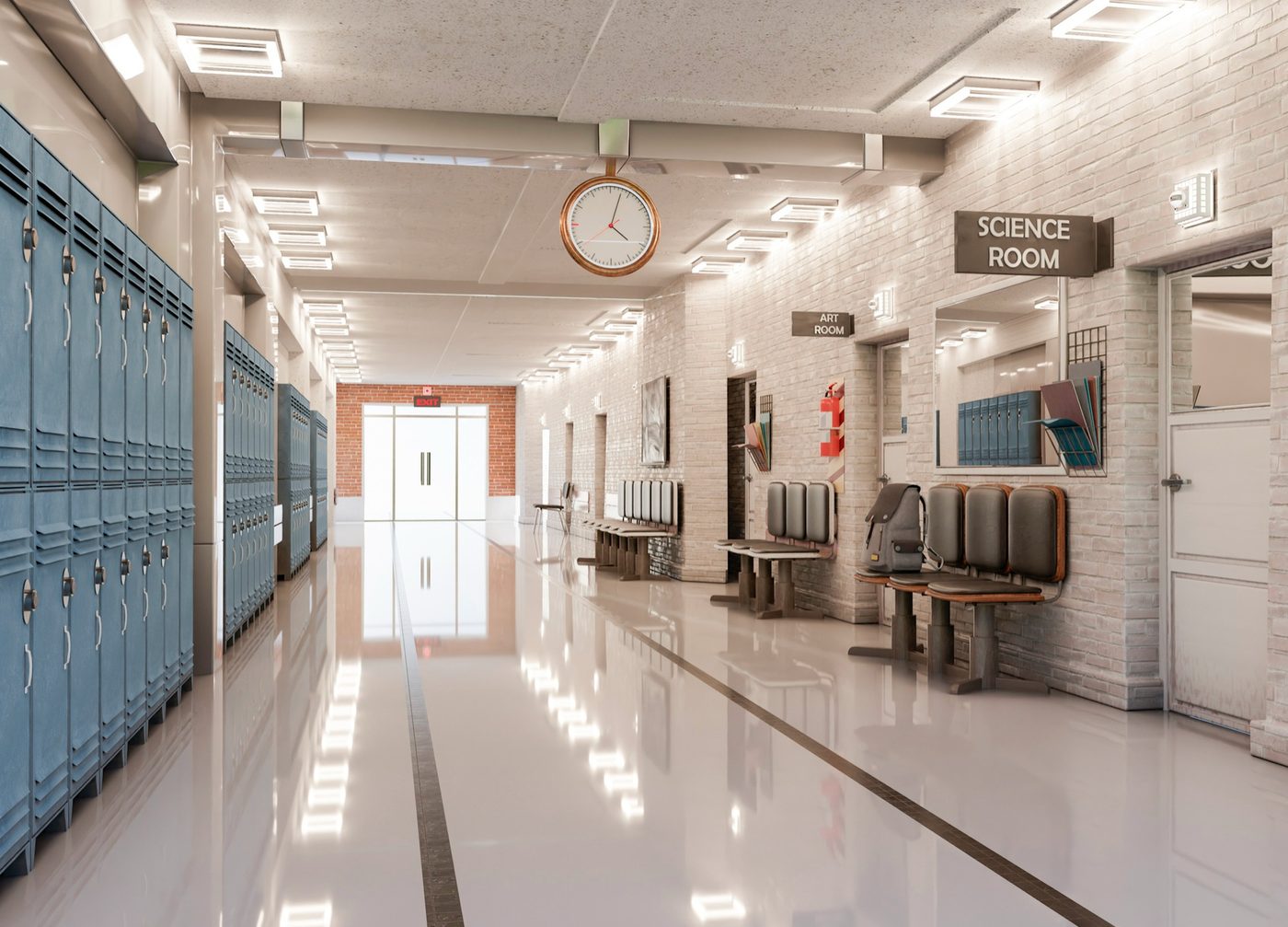 Clean, polished school corridor with lockers in Birmingham