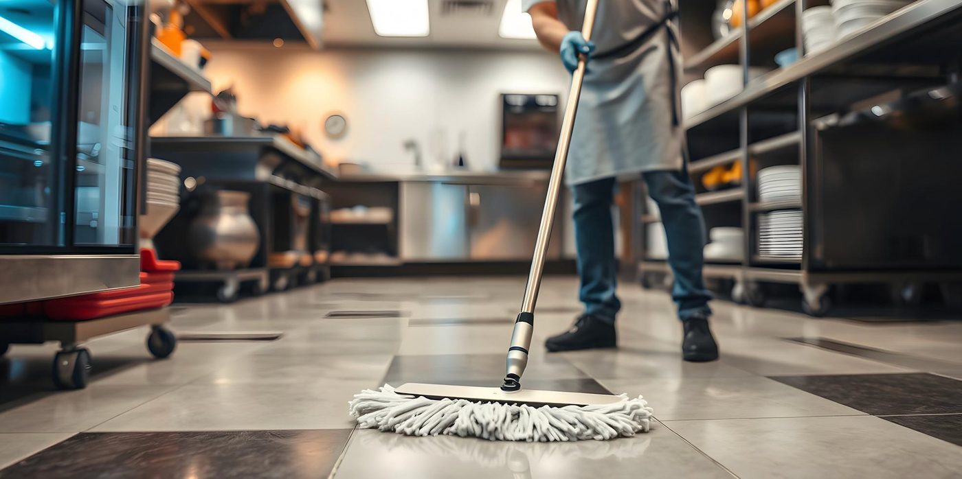 Cleaner mopping and sanitising a tiled commercial floor in Birmingham